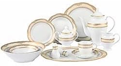 Unknown1 Porcelain 57 Pc Dinnerware Set (Gold Border) White Banded Formal Traditional Oval Round Over 60 Piece Dishwasher Safe 19.68 x 14.17 h