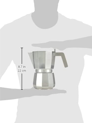 Alessi Moka Espresso coffee maker in aluminium casting. Handle and knob in PA grey. Magnetic steel bottom suitable for induction cooking. Filter for American coffee included. 9 cups.