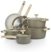 Bambù 10Pcs Cookware set Die-cast Aluminum pots and pans Nonstick frying pans and casseroles Induction safe PFOA-free (Green and Cream 10 pcs)