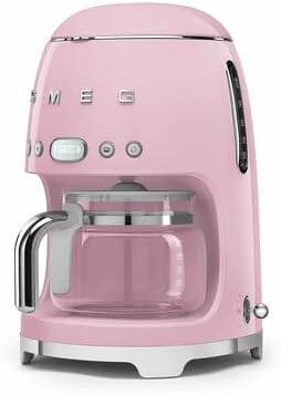 Smeg DCF02 Drip Coffee Maker Bundle with Extra Glass Carafe DCFC01 – 10-Cup Capacity Auto Start Keep Warm Function Retro 1950s Design – Pink