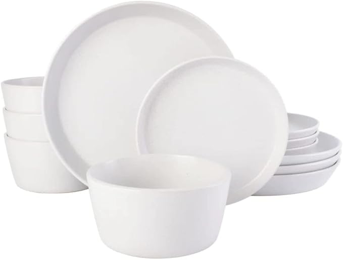 12 Piece Classy White Dinnerware Sets Service For 4 | Dishwasher Microwave Oven Safe Stackable Chip &amp Scratch Resistant Contemporary Look Durable Stoneware Kitchen Bright Milky Lily Color Cool