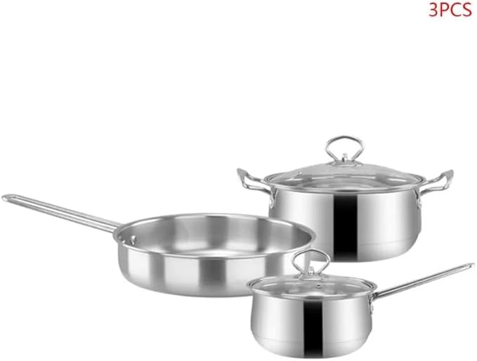 3pcs/set Stainless Steel Cookware Set Milk Pot Kit Induction Cooker Cooking Pan for Home Flat Bottom Frying Pan Soup Kitchen (A)
