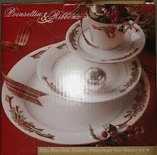 Poinsettia &amp Ribbons Dinnerware Set Service for 4 (16 Pieces)