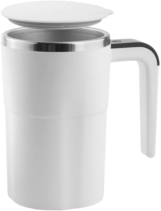 Automatic Stir Coffee g with Temperature Display – Rechargeable Self- Lid Stainless Steel Ideal for Milk and Beverages (White)