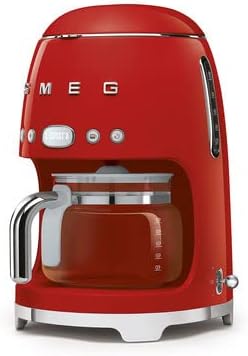 Smeg DCF02 Drip Coffee Maker Bundle with Extra Glass Carafe DCFC01 – 10-Cup Capacity Auto Start Keep Warm Function Retro 1950s Design – Red