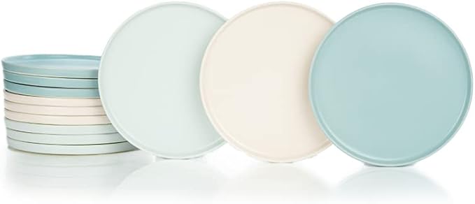 Everything Kitchens Modern Flat Dinnerware Collection (Soft Pink Dusty Blue &amp Stone Gray 12-Piece Lunch Plate Set)