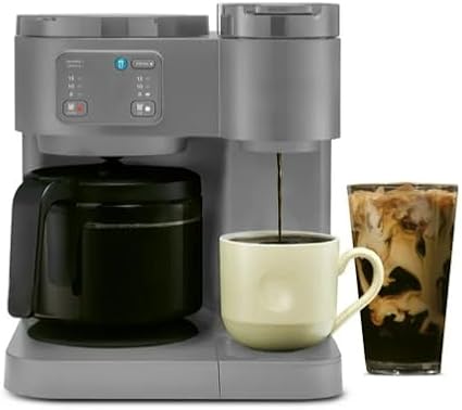KeuriigK K Duo Essentials Hot &amp Iced Single Serve K Cup Pod Coffee Maker &amp Carafe Multiple Sizes (8 10 or 12 oz) 12 cup glass carafe (Grey)
