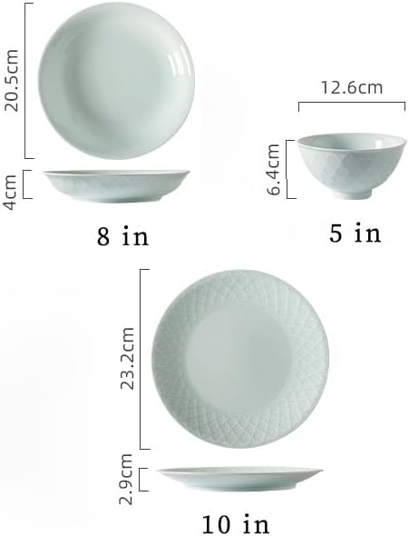 Celadon Green Stoneware Dinnerware Set 12-Piece Embossed Leaf Pattern Bowls &amp Plates Set - 10” &amp 8” Plates 5” Rice Bowls - Zen-Inspired Dishwasher &amp Microwave Safe