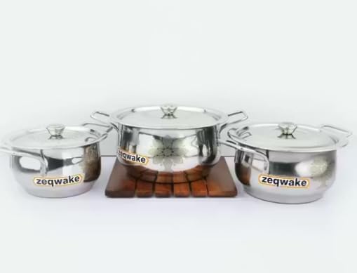 Stainless Steel Serving Pot with Lid | Patila/Bhagona/Handi Set – 3 Pieces (1500ml 1000ml 750ml) | Laser Design Lid with Knob | Multipurpose Cooking &amp Serving Cookware Set