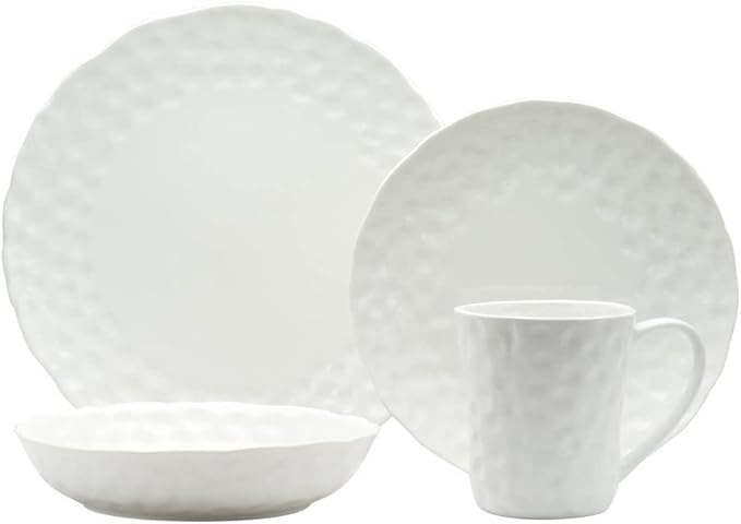 Marble Round 16 Pc Dinner Set Service for 4 White Textured Casual Modern Contemporary Porcelain Piece Dishwasher Safe Microwave