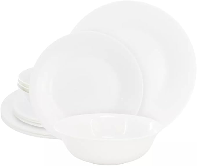 White Shadow 12 Piece Opal Glass Dinnerware Set Break-Resistant Plates and Bowls Service for 4 Microwave and Dishwasher Safe
