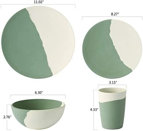 MORGIANA 8 pcs Bamboo Dinnerware Set Reusable Plates Bowls Sets Camping Picnic Dishes Tableware Set for 2 (Green &amp White)