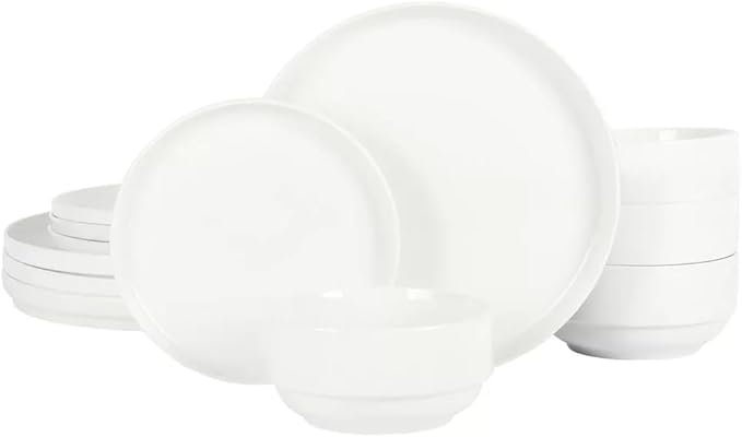 12-Piece Stackable Fine Ceramic Dinnerware Set in White – Dishwasher &amp Microwave Safe Everyday Tableware for Family Meals