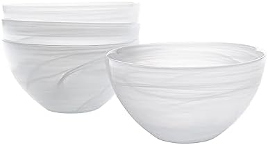 Vikko Salad Bowl Set of 4 White Alabaster Style Soup Bowls 6 Bowl with Marbelized Design Large 32 Ounce Bowls Set For Pasta Fruit Ramen Bowl Dishwasher Safe
