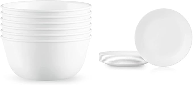 Corelle Vitrelle 28-oz Soup/Cereal Bowls Set of 6 Chip &amp Crack Resistant Dinnerware Bowls Winter Frost White &amp Vitrelle 8-Piece Dinner Plates Set Winter Frost White