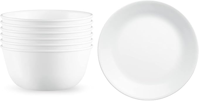 Corelle Vitrelle 28-oz 6 Bowls &amp 4 10.25 Plates Chip Resistant Glass Dinnerware Set Winter Frost White