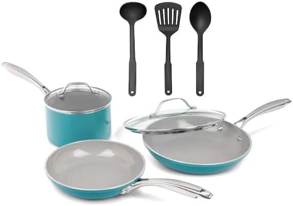 For 8-Piece Aluminum Ceramic Coating Nonstick Cookware Set in Aqua Blue