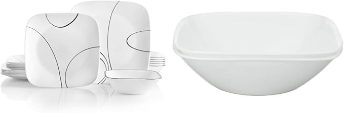 Corelle 18-Piece Service for 6 Chip Resistant Simple Lines Dinnerware Set &amp Square Pure White 1-Quart Bowl Set (2-Piece)