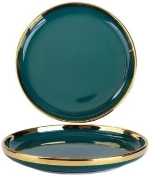 Dinner Sets Gilt Rim Green Ceramic Plate Steak Food Plates Bowls Ins Dinner Dish Luxurious Porcelain Dinnerware Set For Family Hotel(8 inch plate 1pcs)