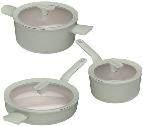 For Balance 6-Piece Recycled Aluminum Nonstick Ceramic Cookware Set in Sage with Glass Lid