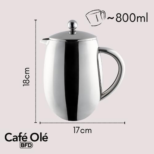 Café Ole BFD-06 6 Cup Double Walled Bellied Cafetiere French Press Coffee Maker Mirror 0.8 Litre Stainless Steel