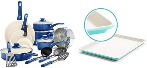 GreenLife Soft Grip Healthy Ceramic Nonstick Cookware Pots and Pans Set 16 Piece Blue &amp Bakeware Healthy Ceramic Nonstick Cookie Sheet 18 x 13 Turquoise