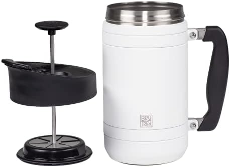BruTrek® by Planetary Design Basecamp Coffee Press - Double Wall Vacuum Insulated Stainless Steel - Bru-Stop Technology No Grounds in Coffee No Spill Lid (Snowflake White 32 fl.oz)