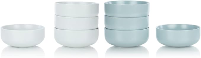 Everything Kitchens Modern Flat Dinnerware Collection (Stone Gray &amp Dusty Blue 8-Piece Bowl Set)