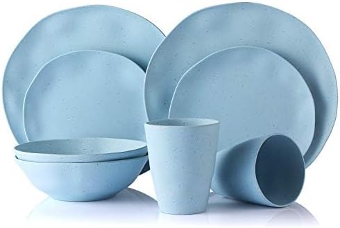 MORGIANA 8 pcs Reusable Bamboo Dinnerware Set Camping Dishes with Bamboo Bowls Plates Dishes for 2 (Blue)