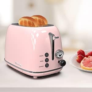 Toaster 2 sliceRetro Stainless Steel Toaster with 6 Settings 1.5 In Extra Wide Slots Bagel/Defrost/Cancel Function Removable Crumb Tray (Baby pink)