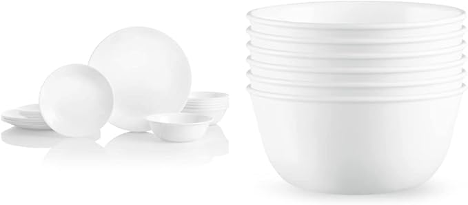 Corelle Vitrelle 18-Piece Service for 6 Dinnerware Set Winter Frost White &amp Vitrelle 28-oz Soup/Cereal Bowls Set of 6 Chip &amp Crack Resistant Dinnerware Bowls Winter Frost White