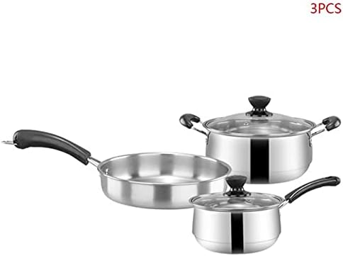 3pcs/set Stainless Steel Cookware Set Milk Pot Kit Induction Cooker Cooking Pan for Home Flat Bottom Frying Pan Soup Kitchen (B)