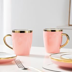 Stoneware Tableware Set for 4 Ceramic Dinnerware Sets with Gold Trim Including 10.5 Dinner Plates 7.75 Dessert Plates 6 Dinner Plates and 14oz Coffee Cups Porcelain (Pink Glod)