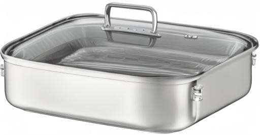 RÖSLE Expertiso Rectangular Roasting Dish with Glass Lid 18/10 Stainless Steel Oven-Safe Induction Safe Dishwasher Safe Silver 38 x 28 cm