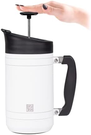 BruTrek® by Planetary Design Basecamp Coffee Press - Double Wall Vacuum Insulated Stainless Steel - Bru-Stop Technology No Grounds in Coffee No Spill Lid (Snowflake White 32 fl.oz)