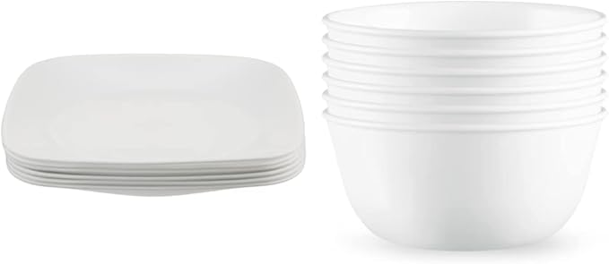 Corelle Vitrelle 6-Piece Salad Plates Set Triple Layer Glass and Chip Resistant Square 9-Inch Plates White &amp Vitrelle 28-oz Soup/Cereal Bowls Set of 6 Chip &amp Crack Resistant Dinnerware Bow
