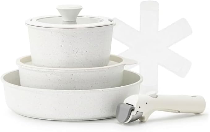 Nonstick Cookware Set having Detachable Handle Space Saving Induction Kitchen Cookware Sets 8Pcs Cookware Sets Dishwasher/Oven Safe(White)
