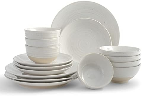 Unknown1 Rustic White 16-Piece Stoneware Dinnerware Set Textured Casual Round 16 Piece Dishwasher Safe Microwave Medium