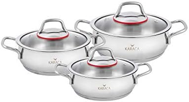 KARACA Emirgan 6 Piece Stainless Steel Induction Shallow Pot Set 14 cm 16 cm 18 cm Dishwasher Safe Silver Shallow Pans Set