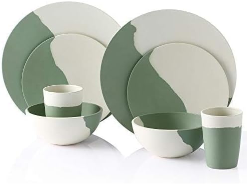 MORGIANA 8 pcs Bamboo Dinnerware Set Reusable Plates Bowls Sets Camping Picnic Dishes Tableware Set for 2 (Green &amp White)