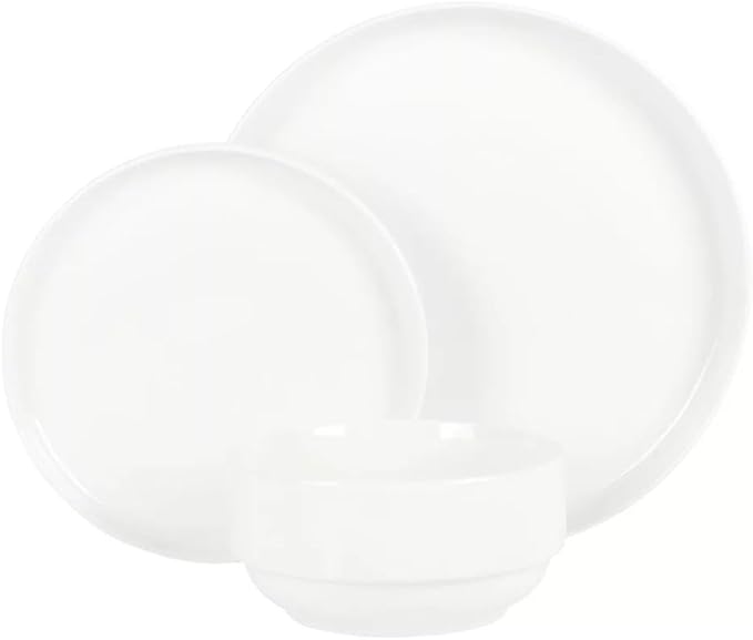 12-Piece Stackable Fine Ceramic Dinnerware Set in White – Dishwasher &amp Microwave Safe Everyday Tableware for Family Meals