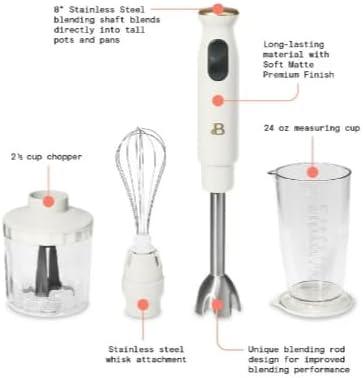 Beautiful 2-Speed Immersion Blender that includes a Chopper &amp Measuring Cup by Drew Barrymore (White Icin g)