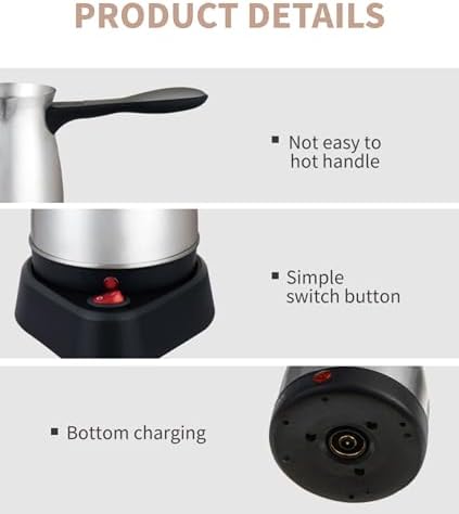 Diyeeni Electric Turkish Coffee Maker 600ml Stainless Steel Turkish Coffee Pot Tea Maker Kettle Coffee Machine 5 to 6 Cup Capacity with Ergonomic Handle for Home Office &amp Travel
