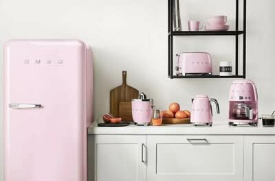 Smeg DCF02 Drip Coffee Maker Bundle with Extra Glass Carafe DCFC01 – 10-Cup Capacity Auto Start Keep Warm Function Retro 1950s Design – Pink