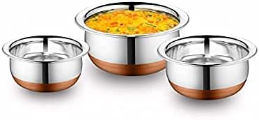 3 pcs Piece Handi Set with lid Cooking Serving Bowl Cookware Set of 3 Pieces with lid Size: 1.600 L 1.200 L 0.850 L (Copper)