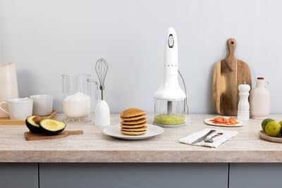SMEG Handheld Immersion Blender with Beaker Chopping Bowl w/Lid Wire Whisk 5 Speed Controls made with Stainless Steel Blades and Ergonomic Design (White)