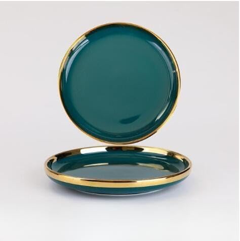 Ceramic Tableware Gilt Rim Green Ceramic Plate Steak Food Plate Tableware Bowl Ins Dinner Dish Porcelain Dinnerware Set for Family Hotel8 Inch Plate 1pcs