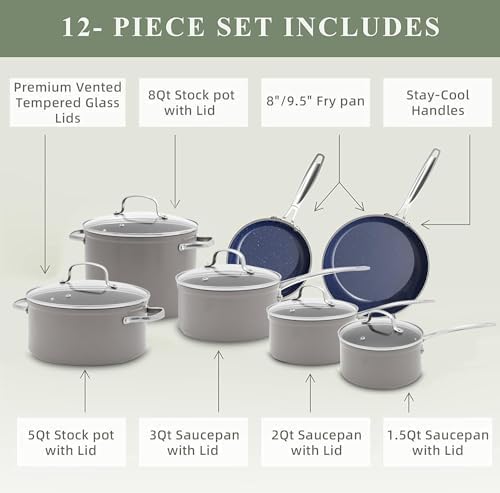 Nuwave 12pc Forged Lightweight Cookware Set G10 Healthy Duralon Ceramic Ultra Non-Stick Coating Vented Tempered Glass Lids Stay-Cool Handles Induction-Ready &amp Works on All Cooktops PFAS Free