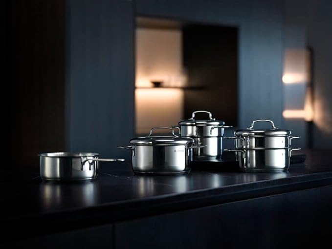 WMF 0718556040 Mini pan set 5-piece stainless steel lids saucepan Cromargan 18/10 Stainless steel Space saving Stackable Design universal bottom induction Dishwasher safe