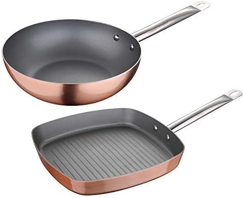 San Ignacio 2 Piece Set: 26 cm Wok + Grill Pan 28 x 28 cm Pressed Aluminium Suitable for Induction Optimum Plus-Copper Effect Multi-Colour